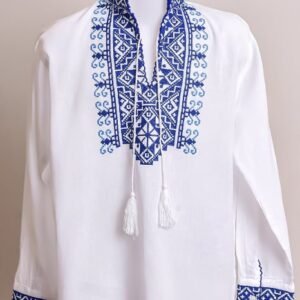 Camasa traditionala de baieti alba cu motiv geometric albastru Toma