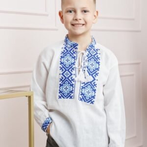 Camasa traditionala de baieti alba cu motiv geometric albastru Victor