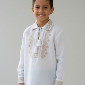 Camasa traditionala de baieti alba cu motiv geometric crem Alexandru 04