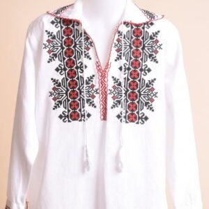 Camasa traditionala de baieti alba cu motiv geometric multicolor Tudor