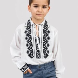 Camasa traditionala de baieti alba cu motiv geometric negru Alexandru 03