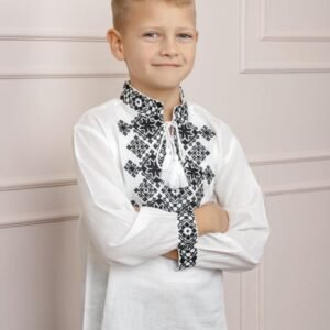 Camasa traditionala de baieti alba cu motiv geometric negru Filip 01