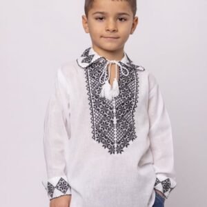 Camasa traditionala de baieti alba cu motiv geometric negru Horia