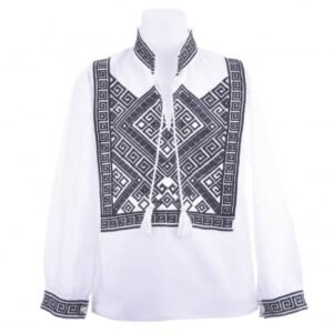 Camasa traditionala de baieti alba cu motiv geometric negru Rares 01