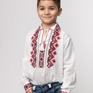 Camasa traditionala de baieti alba cu motiv geometric rosu Alexandru 02