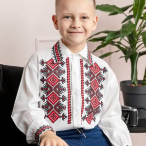 Camasa traditionala de baieti alba cu motiv geometric rosu Bogdan 01