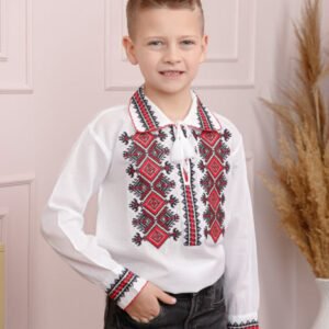Camasa traditionala de baieti alba cu motiv geometric rosu Bogdan 03
