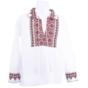 Camasa traditionala de baieti alba cu motiv geometric rosu Calin