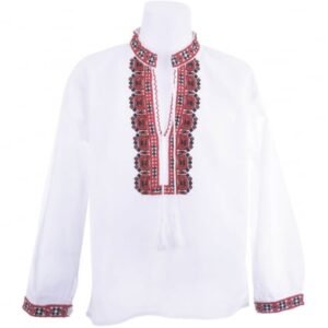 Camasa traditionala de baieti alba cu motiv geometric rosu Carol 02