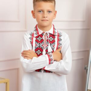 Camasa traditionala de baieti alba cu motiv geometric rosu Catalin 02