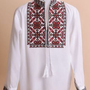 Camasa traditionala de baieti alba cu motiv geometric rosu Claudiu 01