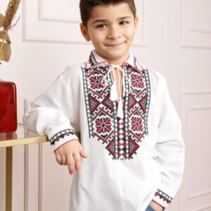 Camasa traditionala de baieti alba cu motiv geometric rosu Codrin 01