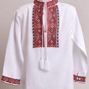 Camasa traditionala de baieti alba cu motiv geometric rosu Damian 01