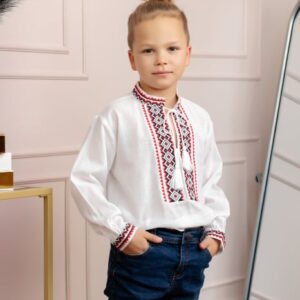 Camasa traditionala de baieti alba cu motiv geometric rosu Daniel 01