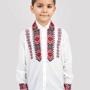 Camasa traditionala de baieti alba cu motiv geometric rosu Darius 02