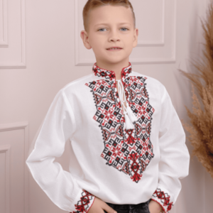Camasa traditionala de baieti alba cu motiv geometric rosu Dorin