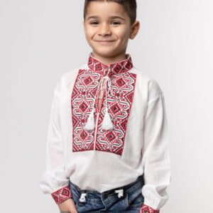 Camasa traditionala de baieti alba cu motiv geometric rosu Fabian 01