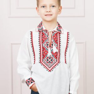 Camasa traditionala de baieti alba cu motiv geometric rosu Flavius 02