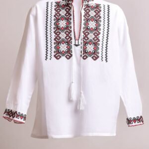 Camasa traditionala de baieti alba cu motiv geometric rosu Luca 02