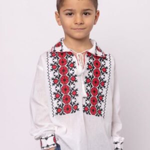 Camasa traditionala de baieti alba cu motiv geometric rosu Matias