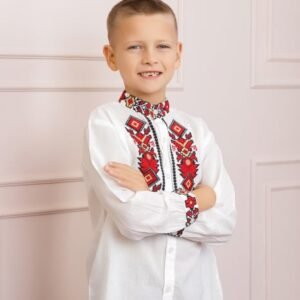Camasa traditionala de baieti alba cu motiv geometric rosu Ovidiu