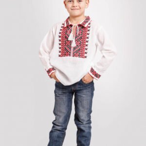 Camasa traditionala de baieti alba cu motiv geometric rosu Pavel 02