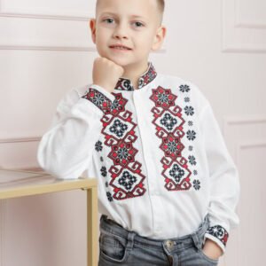 Camasa traditionala de baieti alba cu motiv geometric rosu Radu 01