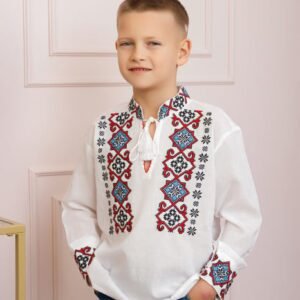 Camasa traditionala de baieti alba cu motiv geometric rosu Radu 02