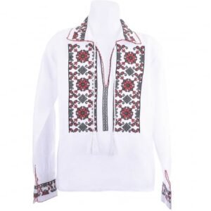 Camasa traditionala de baieti alba cu motiv geometric rosu Silviu 02