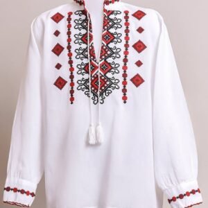 Camasa traditionala de baieti alba cu motiv geometric rosu Stefan 02