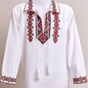 Camasa traditionala de baieti alba cu motiv geometric rosu Teodor 02