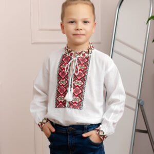 Camasa traditionala de baieti alba cu motiv geometric rosu Tiberiu 02