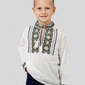 Camasa traditionala de baieti alba cu motiv geometric verde Luca 03