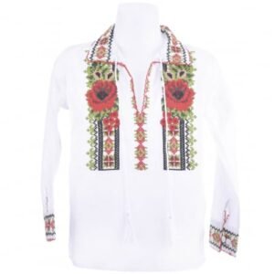 Camasa traditionala de baieti alba pentru baieti cu motiv floral rosu Valentin