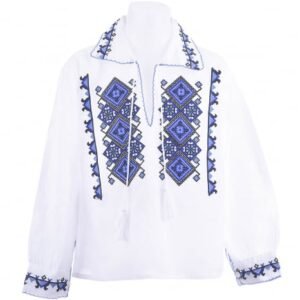 Camasa traditionala de baieti alba pentru baieti cu motiv geometric albastru Ianis