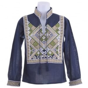 Camasa traditionala de baieti albastra cu motiv geometric multicolor Rares 02