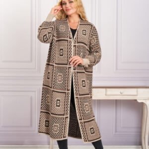 Cardigan tricotat crem cu model geometric bej