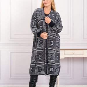 Cardigan tricotat gri cu model geometric negru
