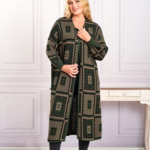 Cardigan tricotat kaki cu model geometric crem