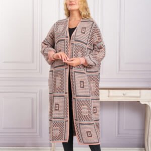 Cardigan tricotat roz somon cu model geometric gri