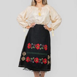 Catrinta traditionala neagra cu broderie florala rosie Zina