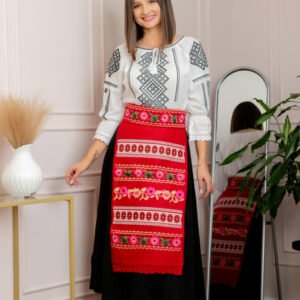 Catrinta traditionala rosie cu broderie florala roz Lacramioara