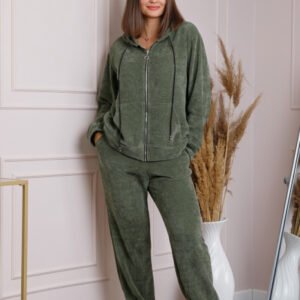 Compleu casual kaki cu fermoar si gluga