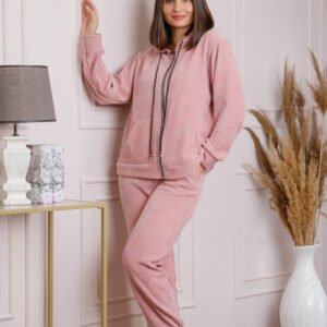 Compleu casual roz cu fermoar si gluga
