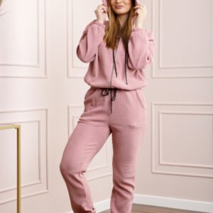 Compleu casual roz pudrat din tricot reiat