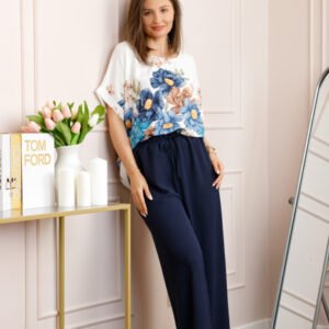 Compleu dama Deborah cu bluza vaporoasa si pantaloni largi - Bleumarin