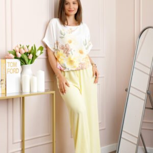 Compleu dama Deborah cu bluza vaporoasa si pantaloni largi - Galben pastel
