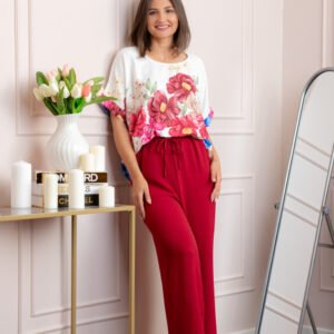 Compleu dama Deborah cu bluza vaporoasa si pantaloni largi - Grena