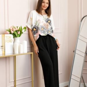 Compleu dama Deborah cu bluza vaporoasa si pantaloni largi - Negru