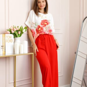 Compleu dama Deborah cu bluza vaporoasa si pantaloni largi - Rosu